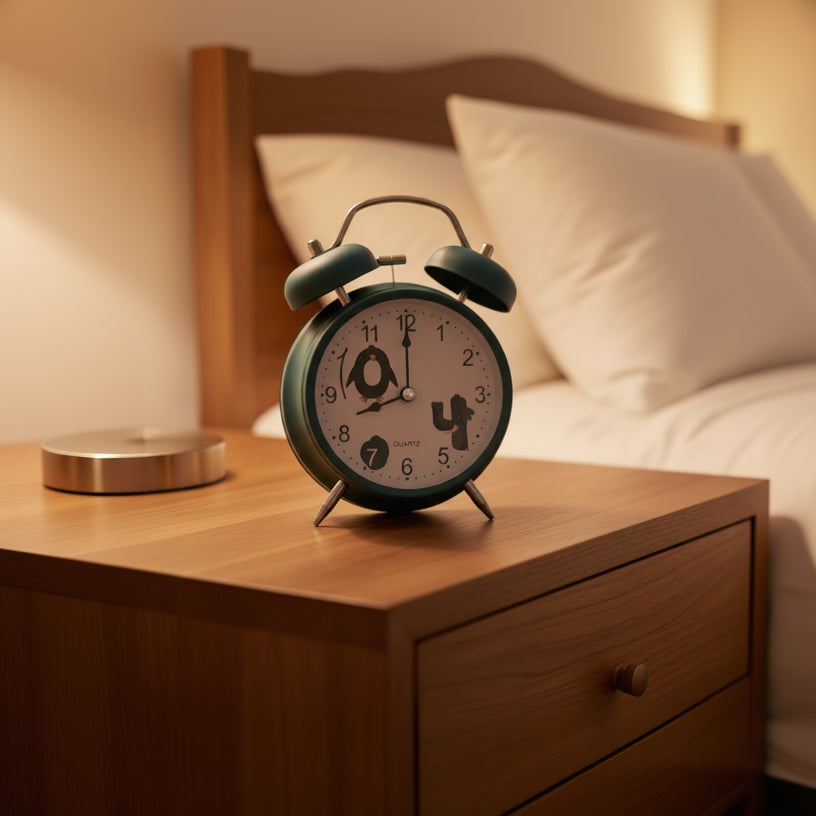 Blue alarm clock with a penguin design on a white background