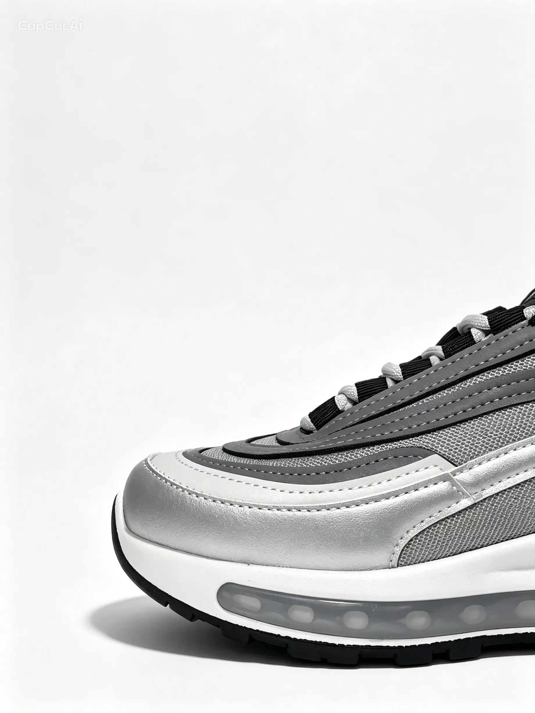 حذاء رياضي فضي تصميم مموج - لمسة حمراء | Men's Silver Wavy Design Sneakers - Red Accent