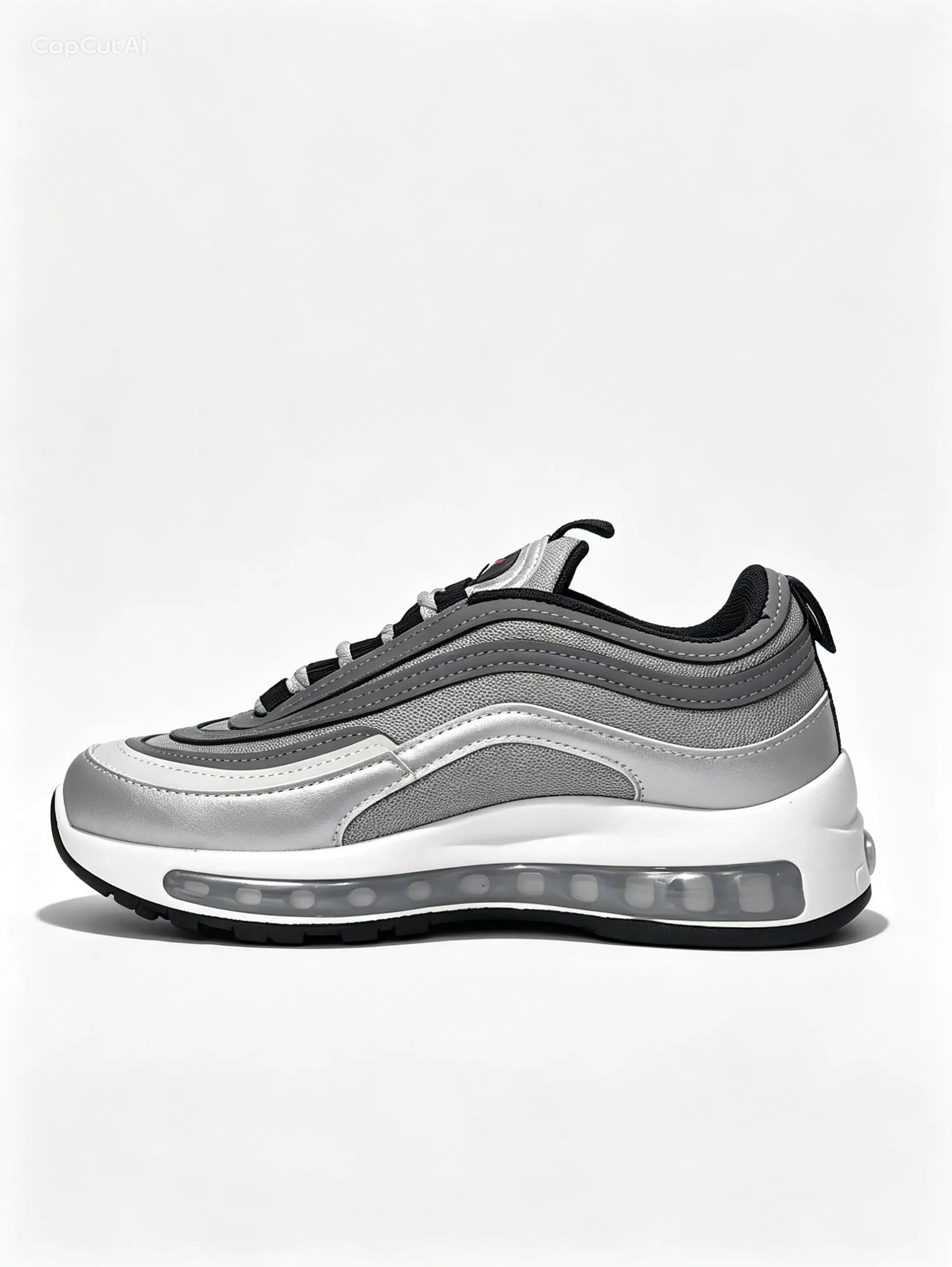 حذاء رياضي فضي تصميم مموج - لمسة حمراء | Men's Silver Wavy Design Sneakers - Red Accent