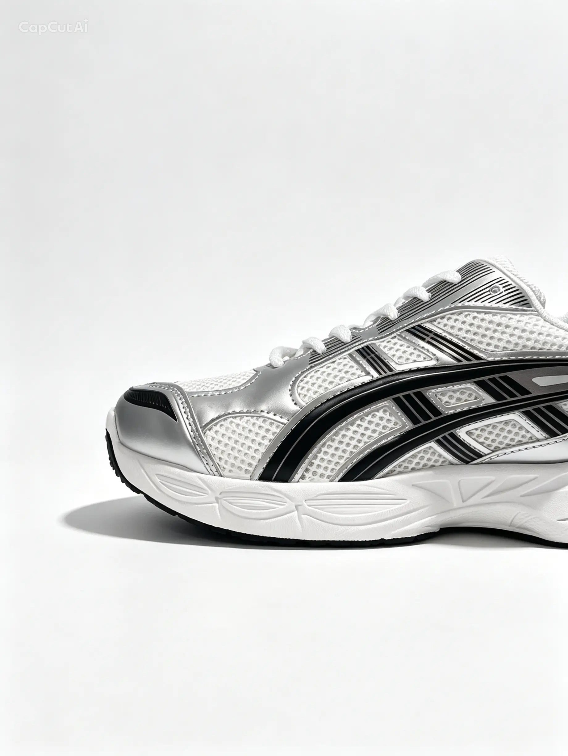 حذاء رياضي أبيض ميتاليك بتفاصيل فضية وسوداء وبرونزية | White Metallic Sneakers with Silver, Black & Bronze Accents