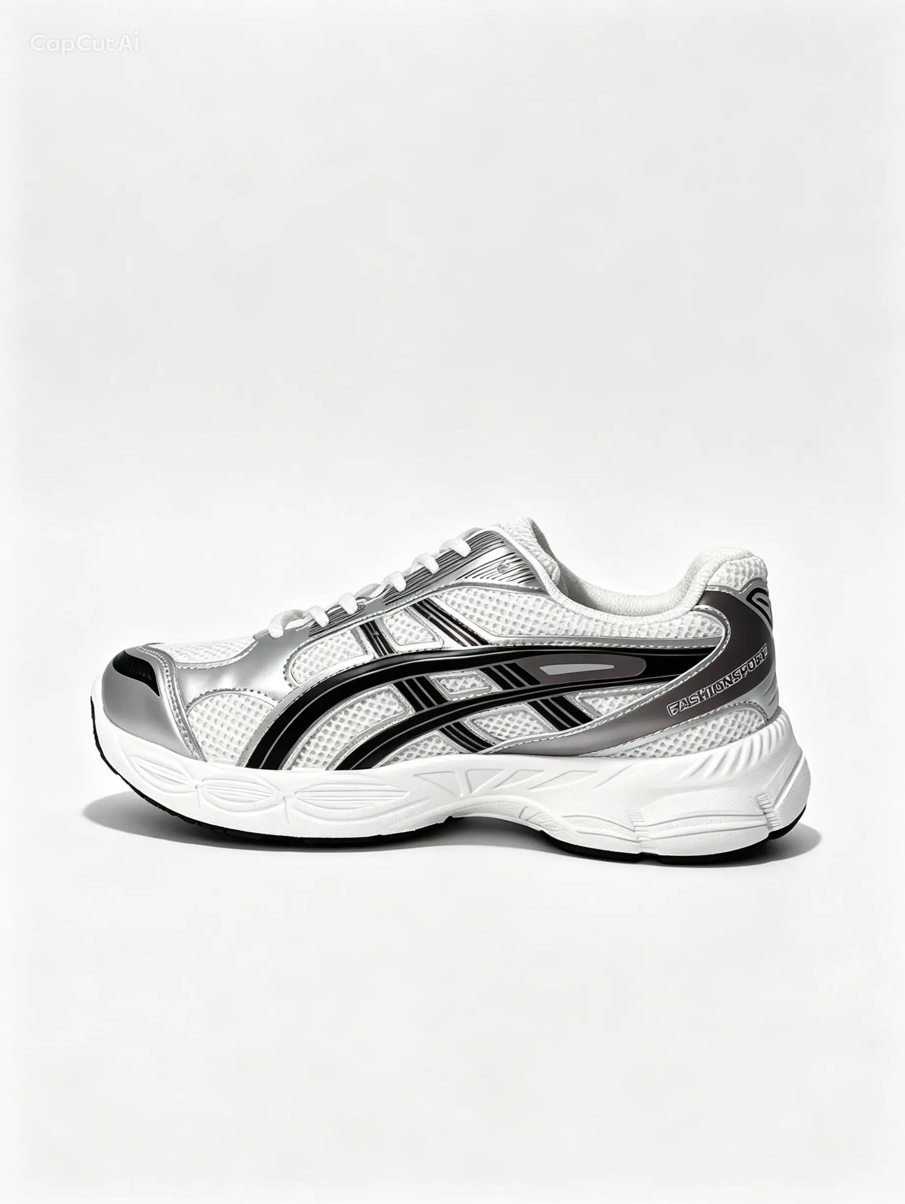 حذاء رياضي أبيض ميتاليك بتفاصيل فضية وسوداء وبرونزية | White Metallic Sneakers with Silver, Black & Bronze Accents