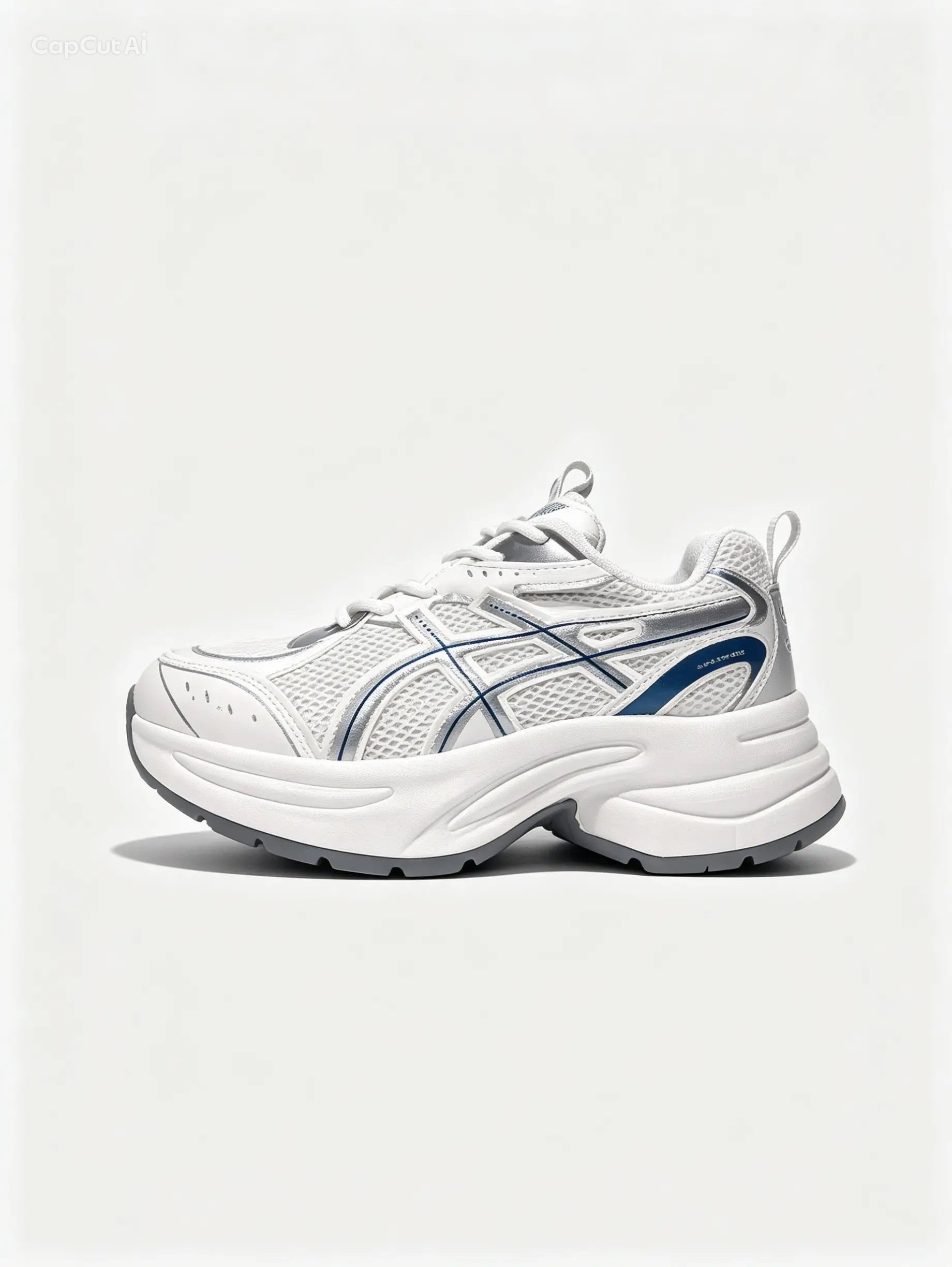 حذاء رياضي أبيض بتفاصيل فضية - خطوط متقاطعة | White Sneakers with Silver Accents - Crossed Line Design