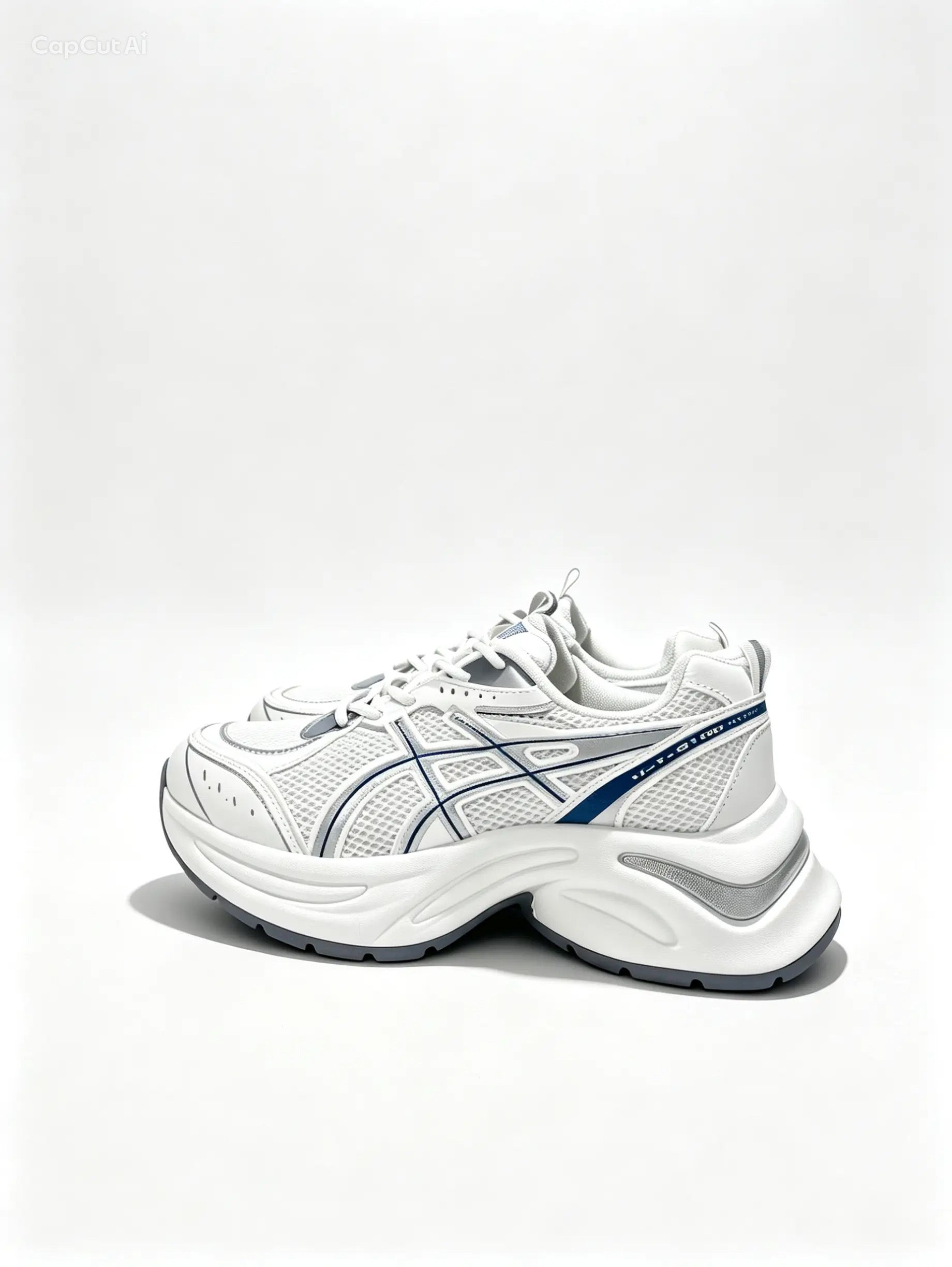 حذاء رياضي أبيض بتفاصيل فضية - خطوط متقاطعة | White Sneakers with Silver Accents - Crossed Line Design