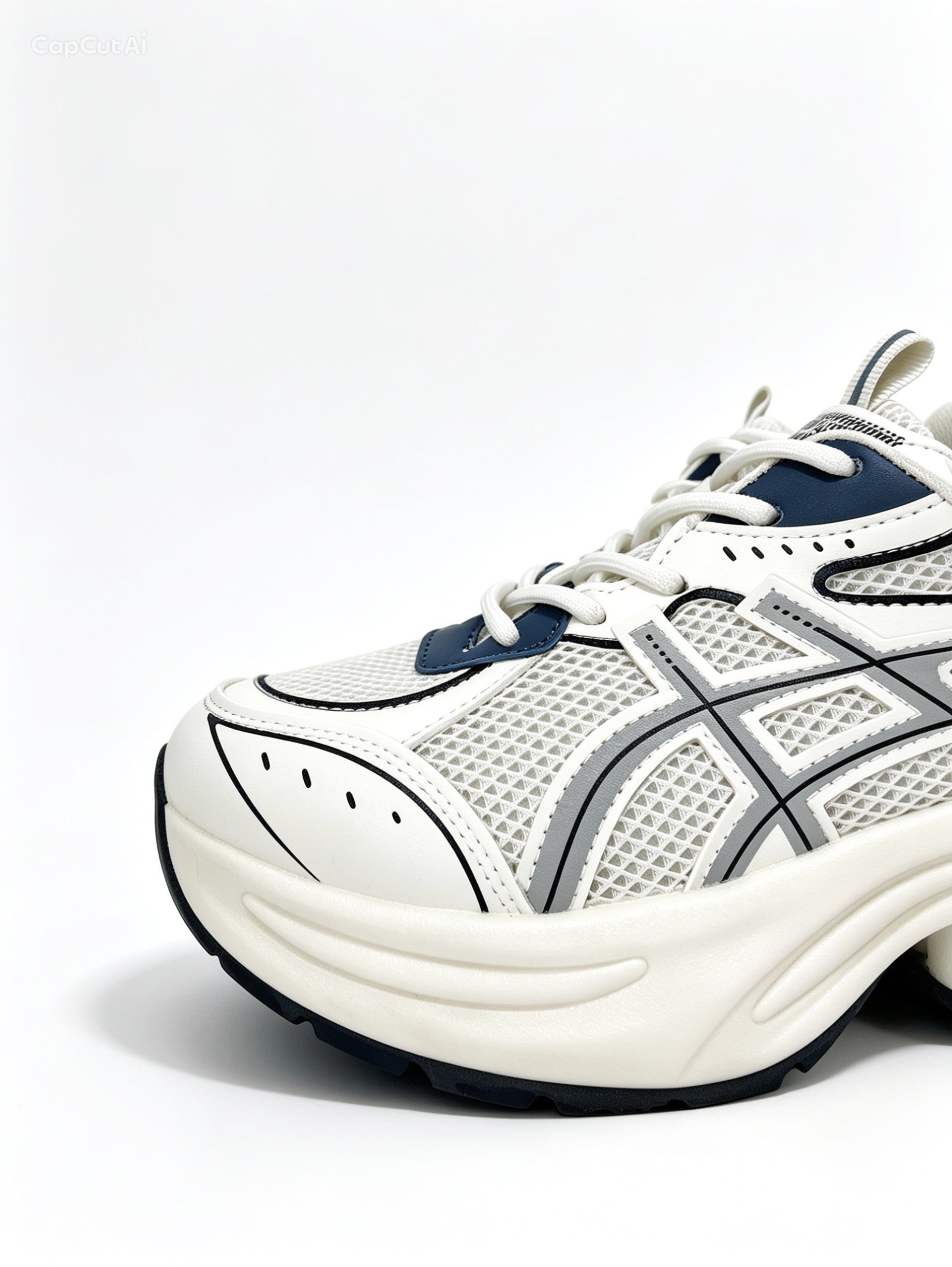 حذاء رياضي بيج (أوف وايت) بتفاصيل فضية وزرقاء - خطوط متقاطعة | Off-White Sneakers with Silver & Blue Accents - Crossed Line Design