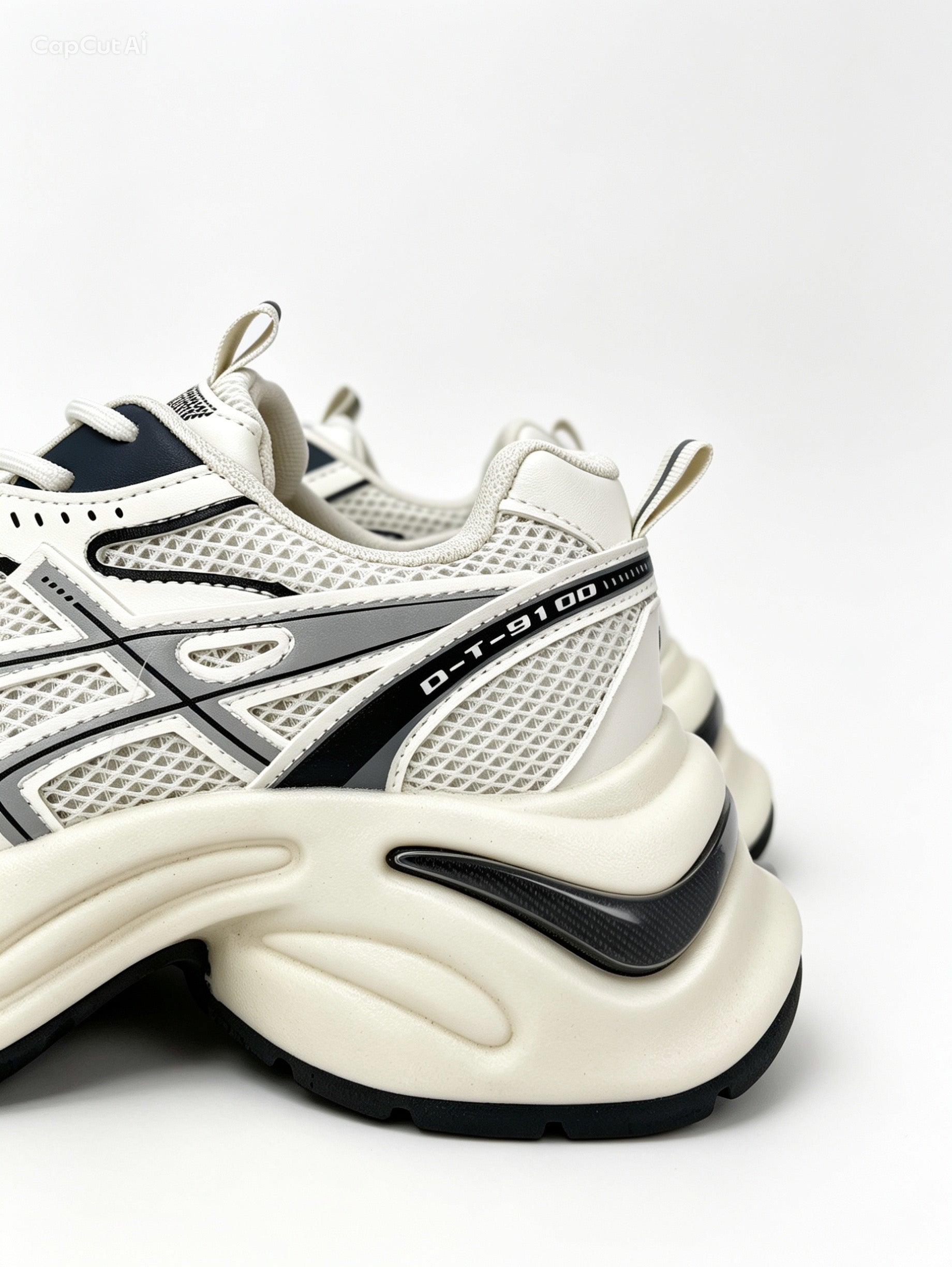حذاء رياضي بيج (أوف وايت) بتفاصيل فضية وزرقاء - خطوط متقاطعة | Off-White Sneakers with Silver & Blue Accents - Crossed Line Design