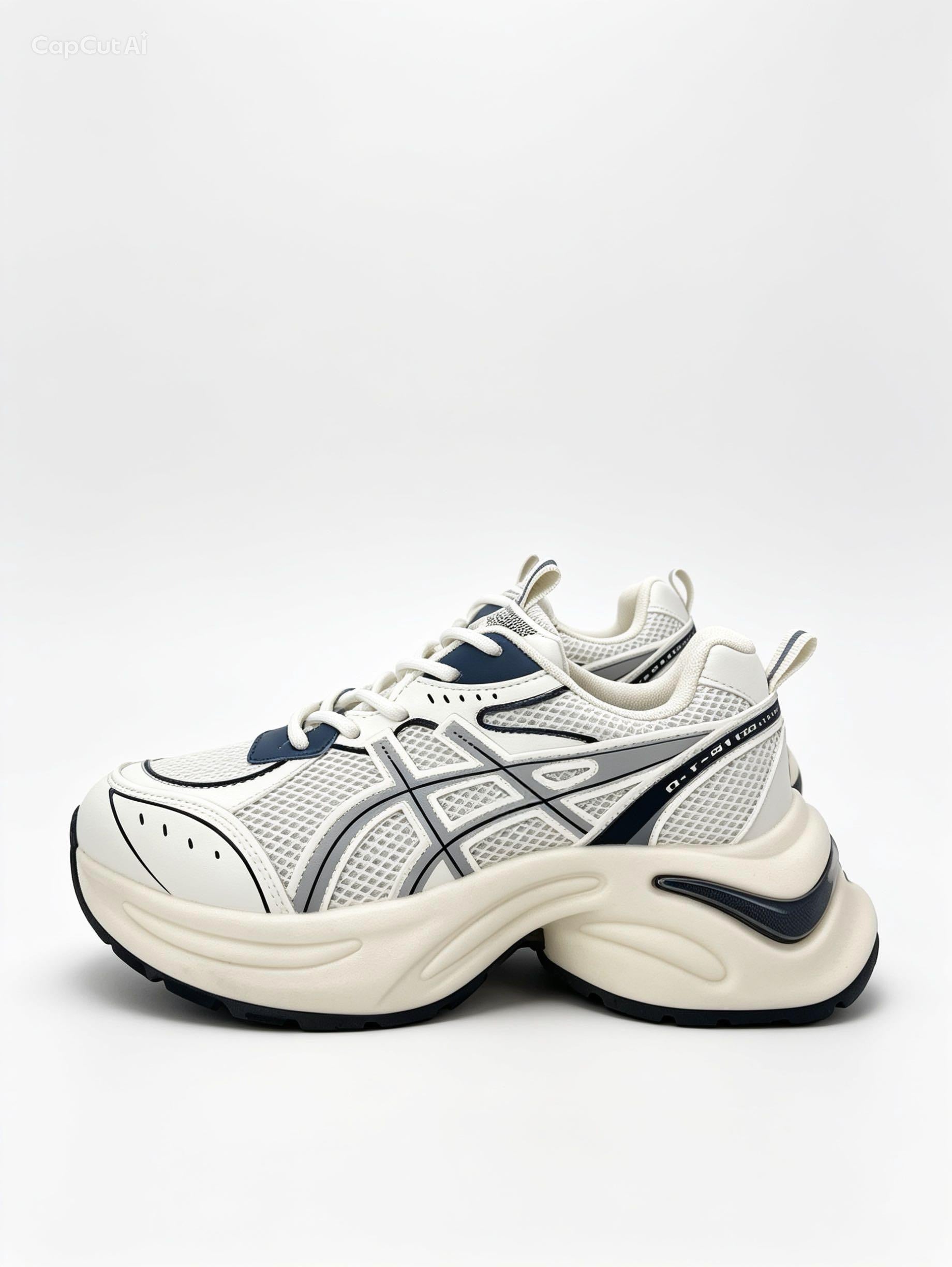 حذاء رياضي بيج (أوف وايت) بتفاصيل فضية وزرقاء - خطوط متقاطعة | Off-White Sneakers with Silver & Blue Accents - Crossed Line Design