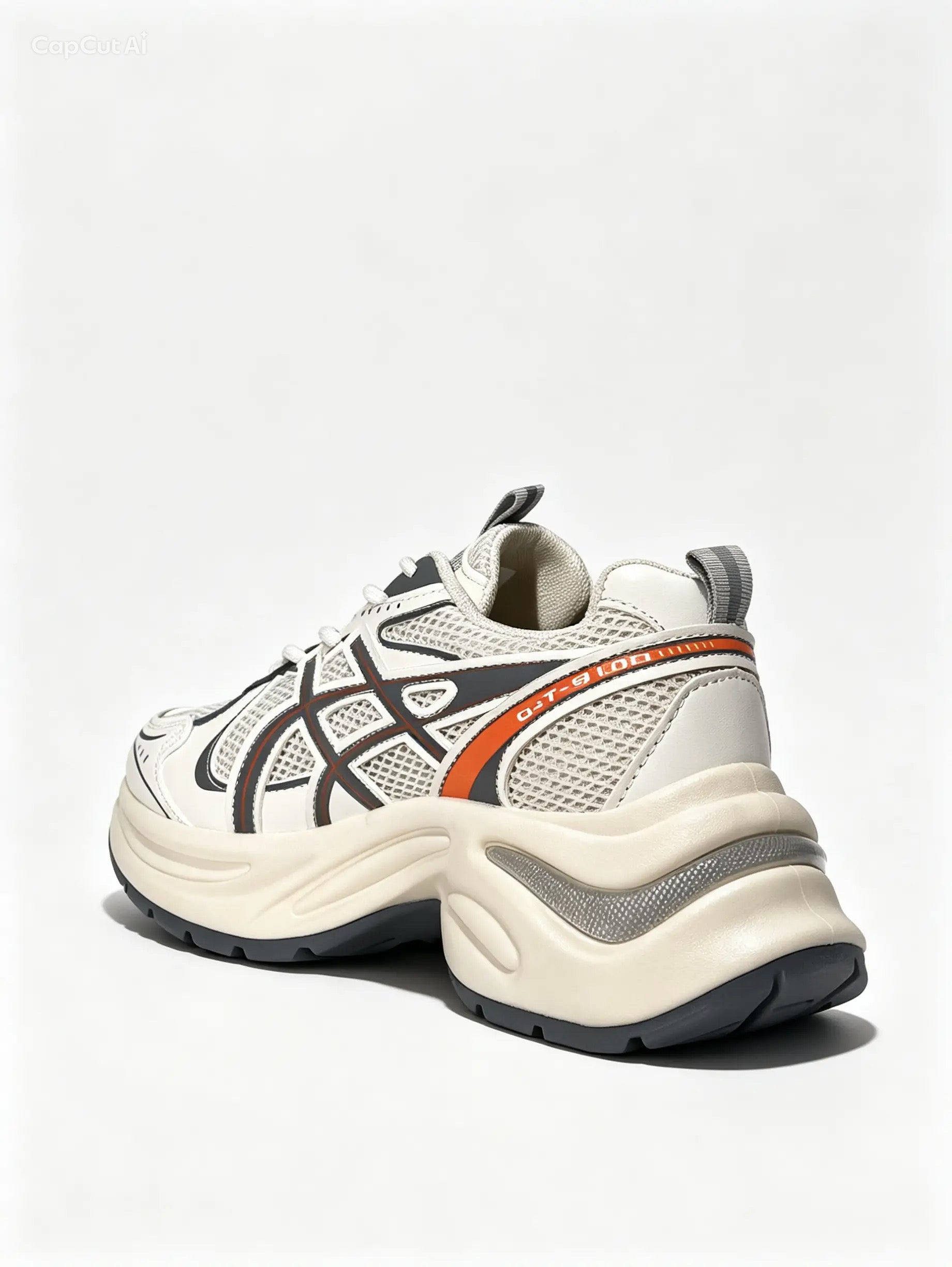 حذاء رياضي بيج خطوط متقاطعة - قاعدة سميكة مريحة | Beige Sneakers with Grey & Orange Accents
