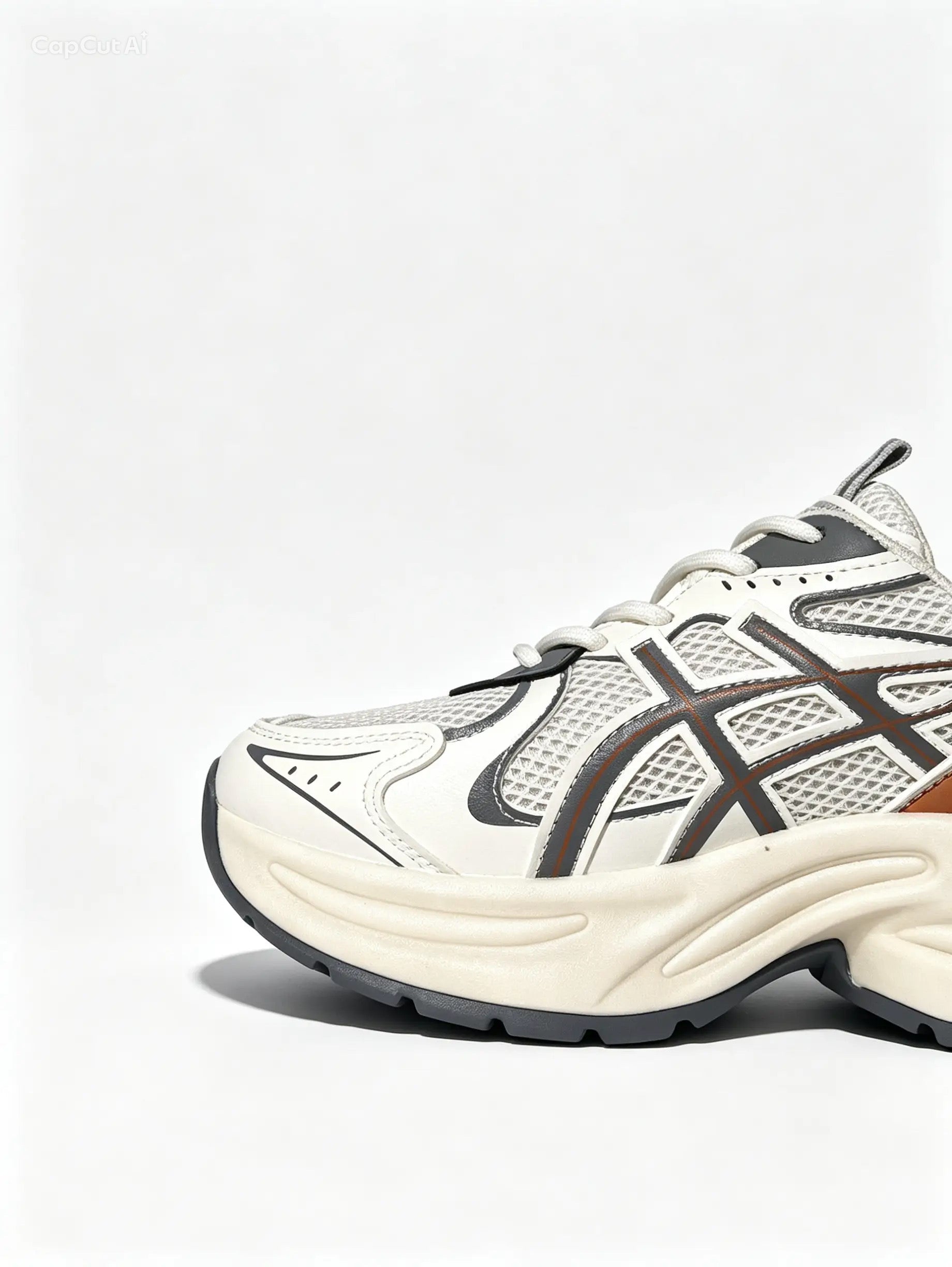 حذاء رياضي بيج خطوط متقاطعة - قاعدة سميكة مريحة | Beige Sneakers with Grey & Orange Accents