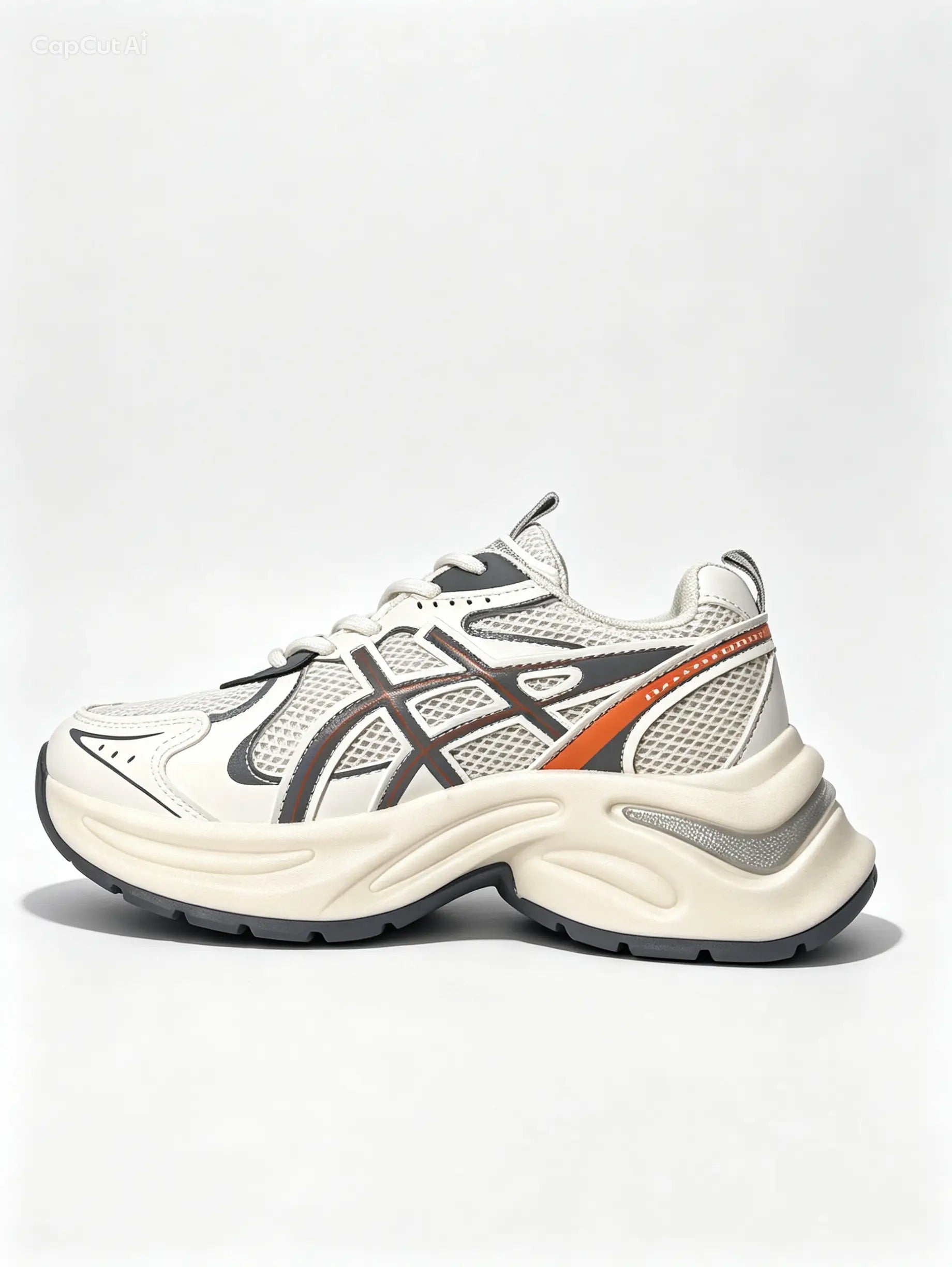 حذاء رياضي بيج خطوط متقاطعة - قاعدة سميكة مريحة | Beige Sneakers with Grey & Orange Accents