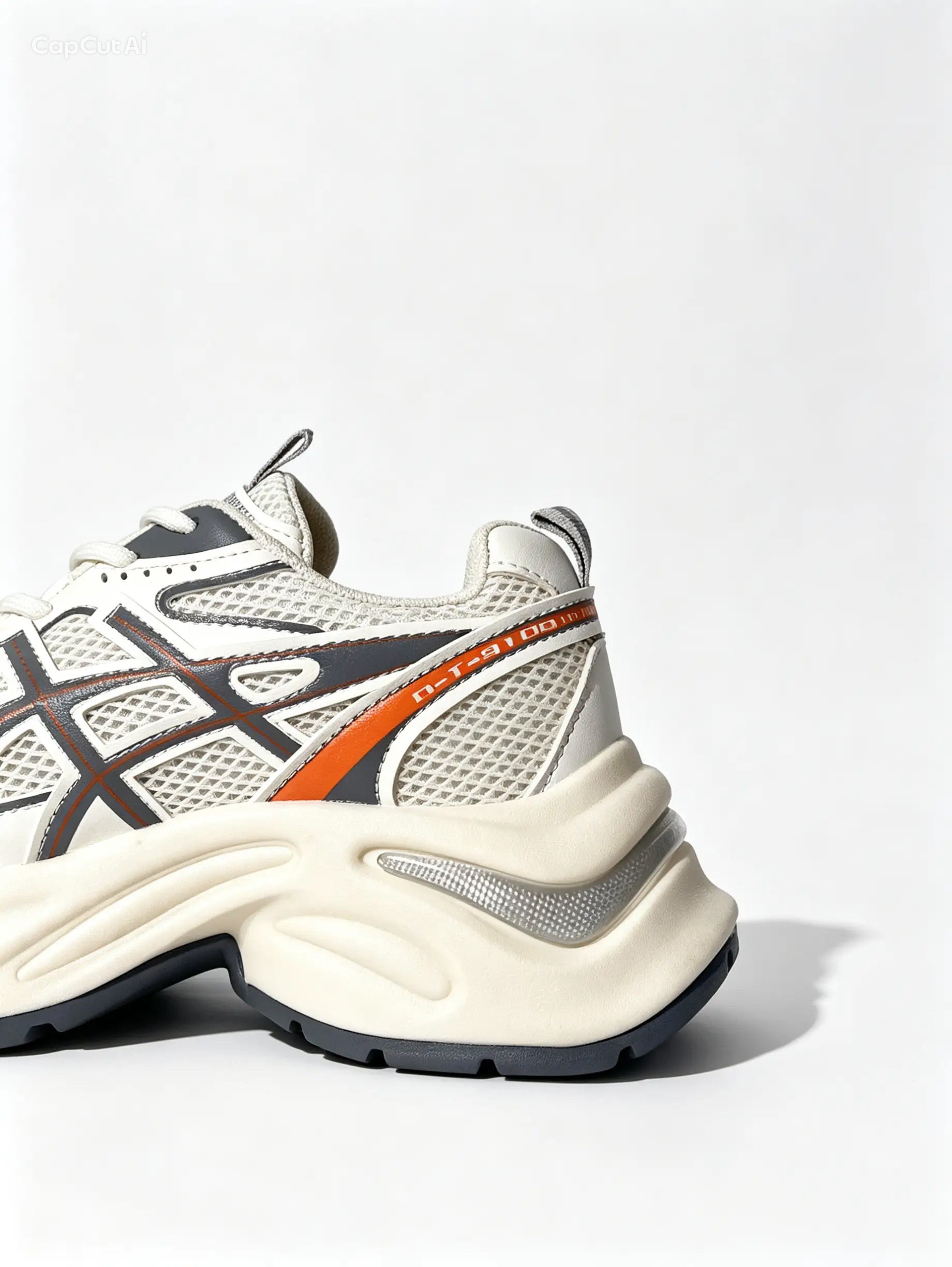 حذاء رياضي بيج خطوط متقاطعة - قاعدة سميكة مريحة | Beige Sneakers with Grey & Orange Accents