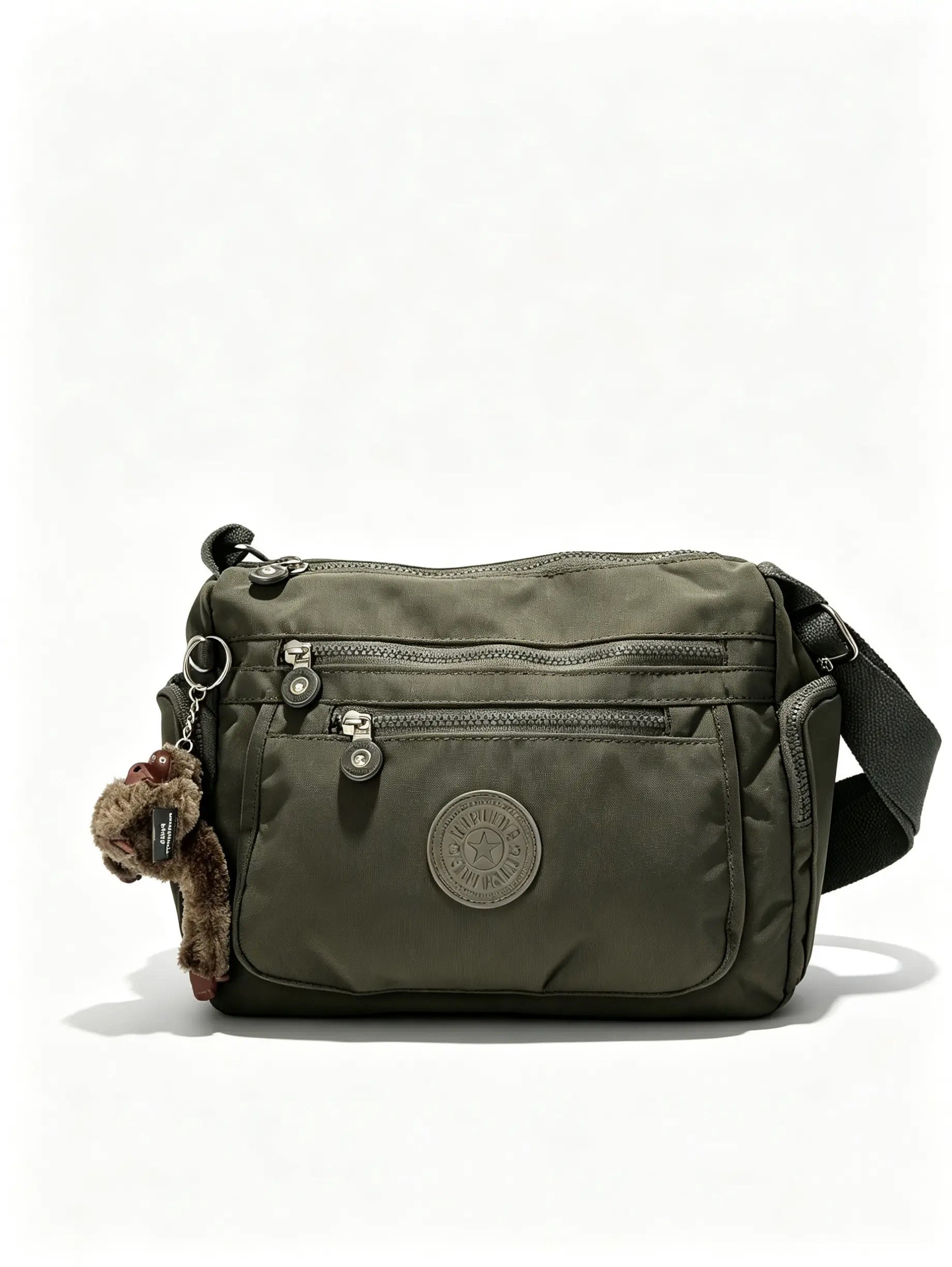 شنطة كتف حريمي .زيتنوني عسكري بجيبين أماميين وميدالية حيوان |Olive Green Women's Shoulder Bag with Double Front Pockets & Animal Charm