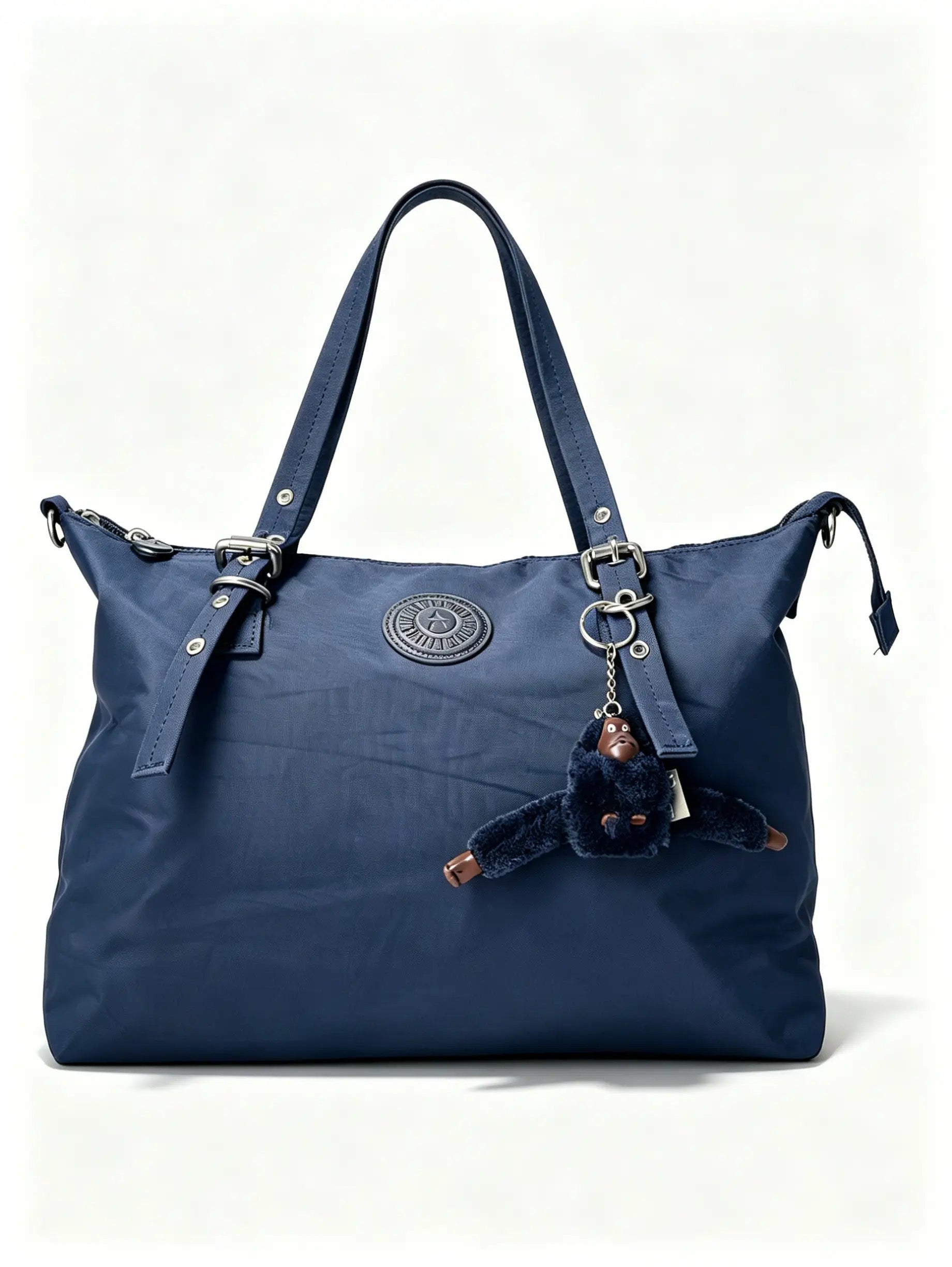 شنطة يد كحلي كبيرة بيدين جلد وحلقات ذهبية | Large Navy Handbag with Leather Handles & Gold Rings
