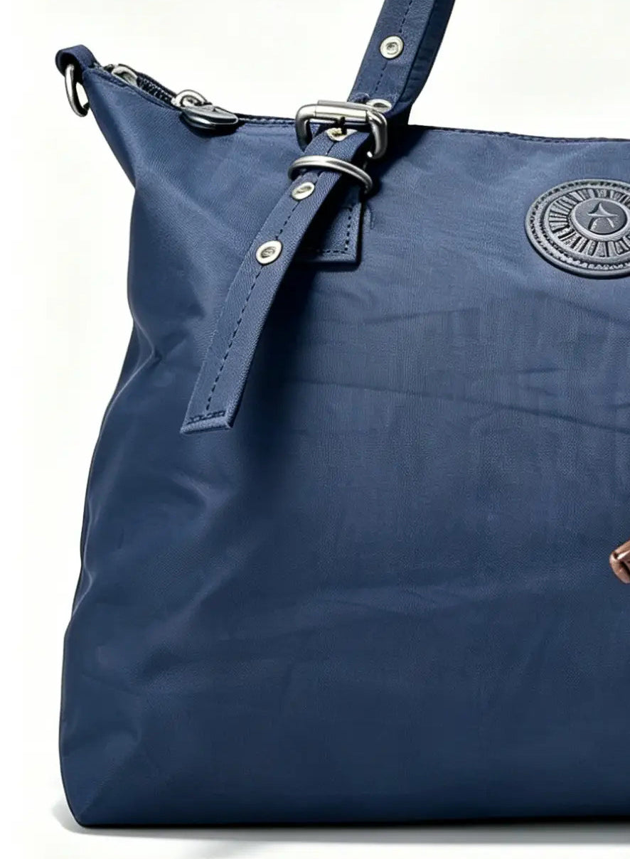 شنطة يد كحلي كبيرة بيدين جلد وحلقات ذهبية | Large Navy Handbag with Leather Handles & Gold Rings