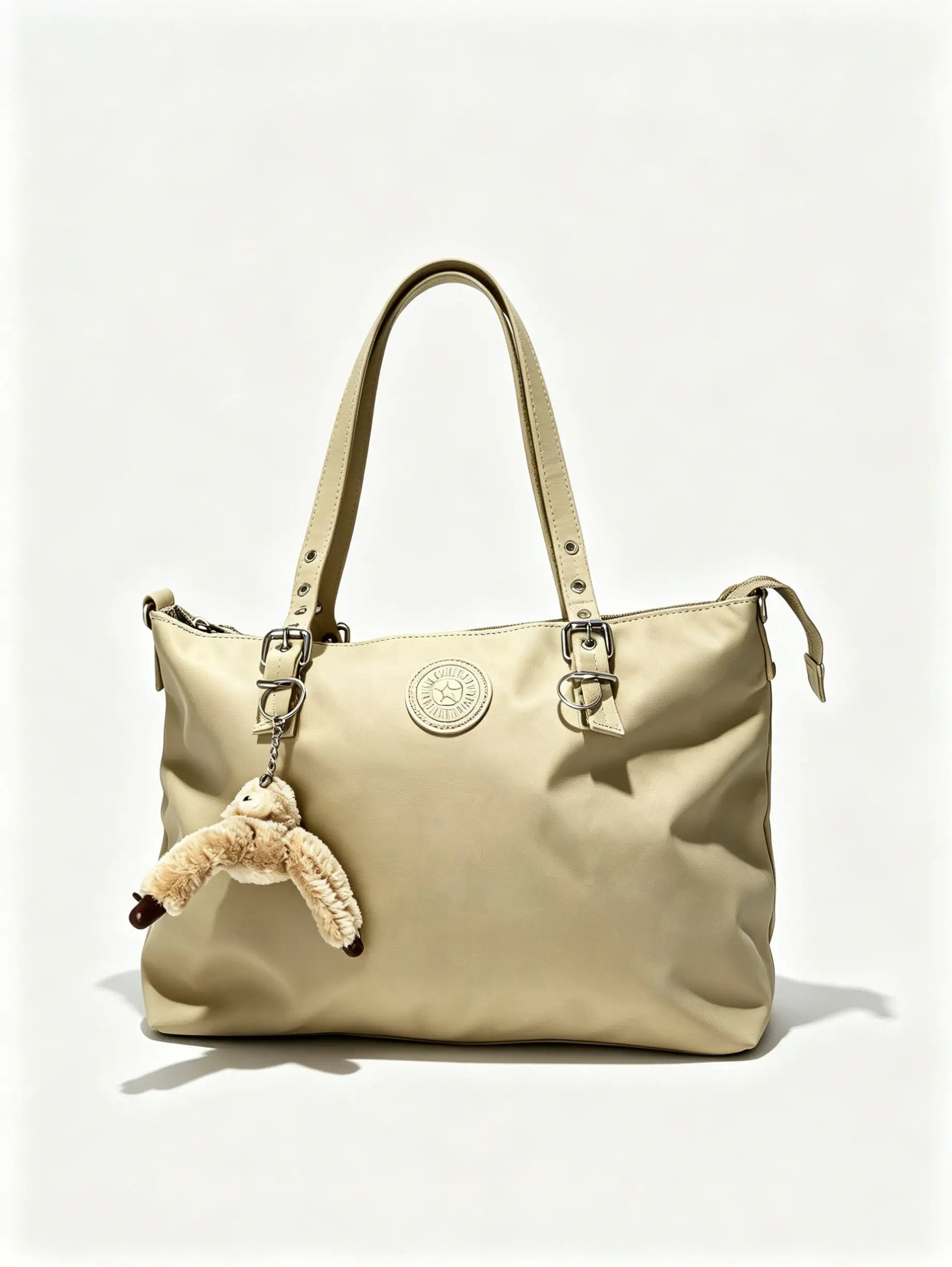 شنطة يد حريمي كبيرة بيج بيدين طويلة وتفاصيل معدنية | Large Beige Women's Tote Bag with Metal Eyelet Handles