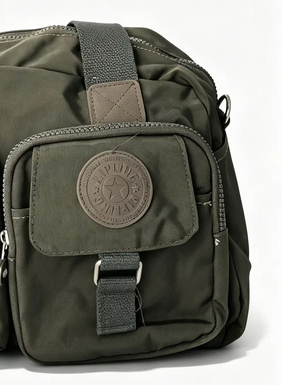 شنطة كتف حريمي كاكي عسكري بجيبين أماميين وميدالية حيوان | Khaki Green Women's Shoulder Bag with Double Front Pockets & Animal Charm