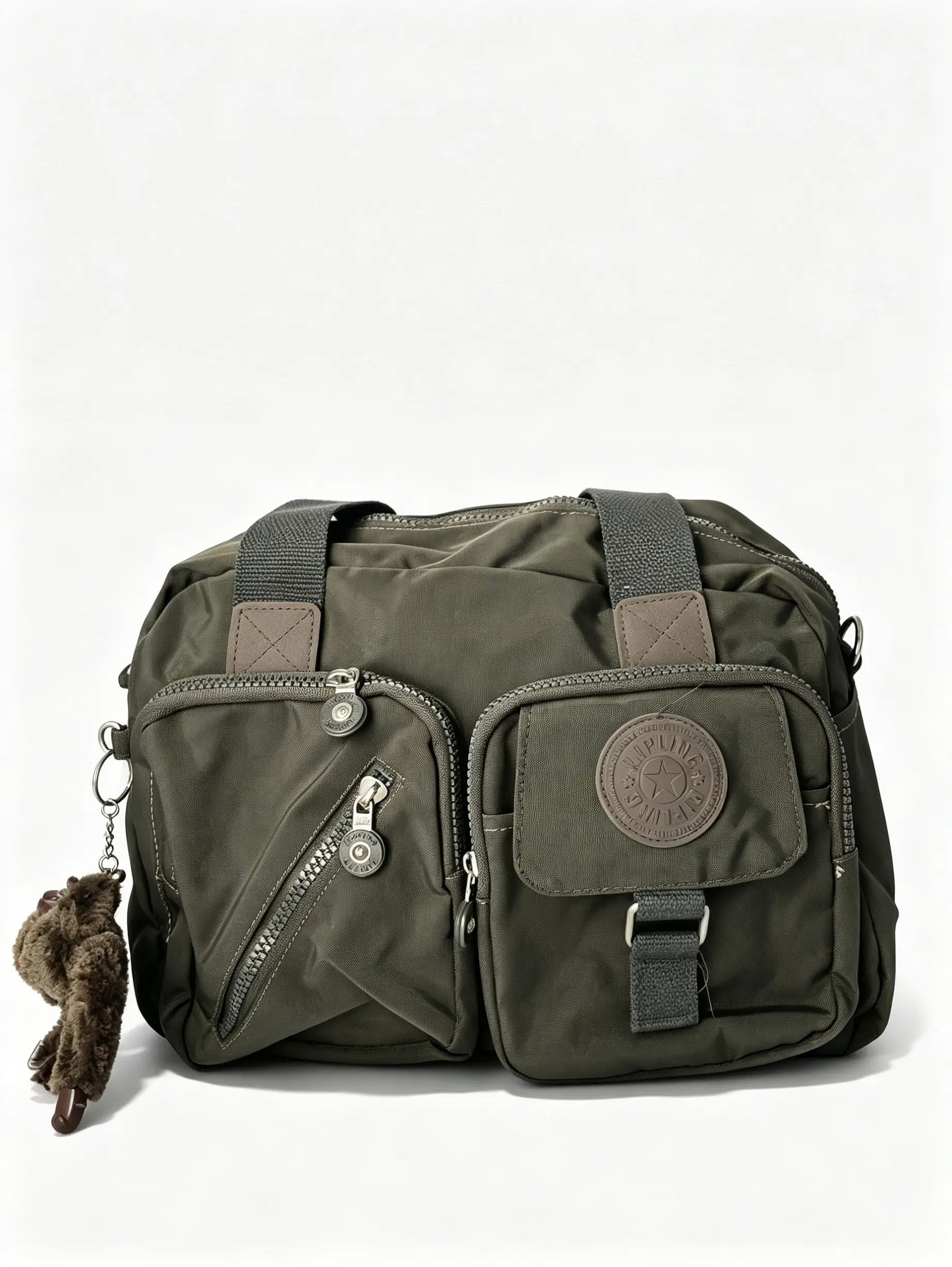 شنطة كتف حريمي كاكي عسكري بجيبين أماميين وميدالية حيوان | Khaki Green Women's Shoulder Bag with Double Front Pockets & Animal Charm