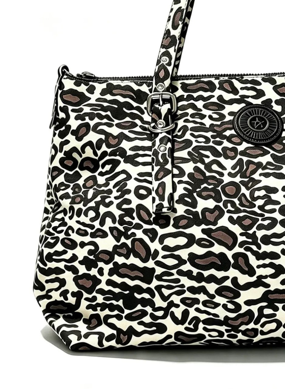 شنطة يد حريمي كبيرة طبعة أنيمال برنت فهد بيدين جلد | Large Women's Leopard Print Handbag with Leather Handles