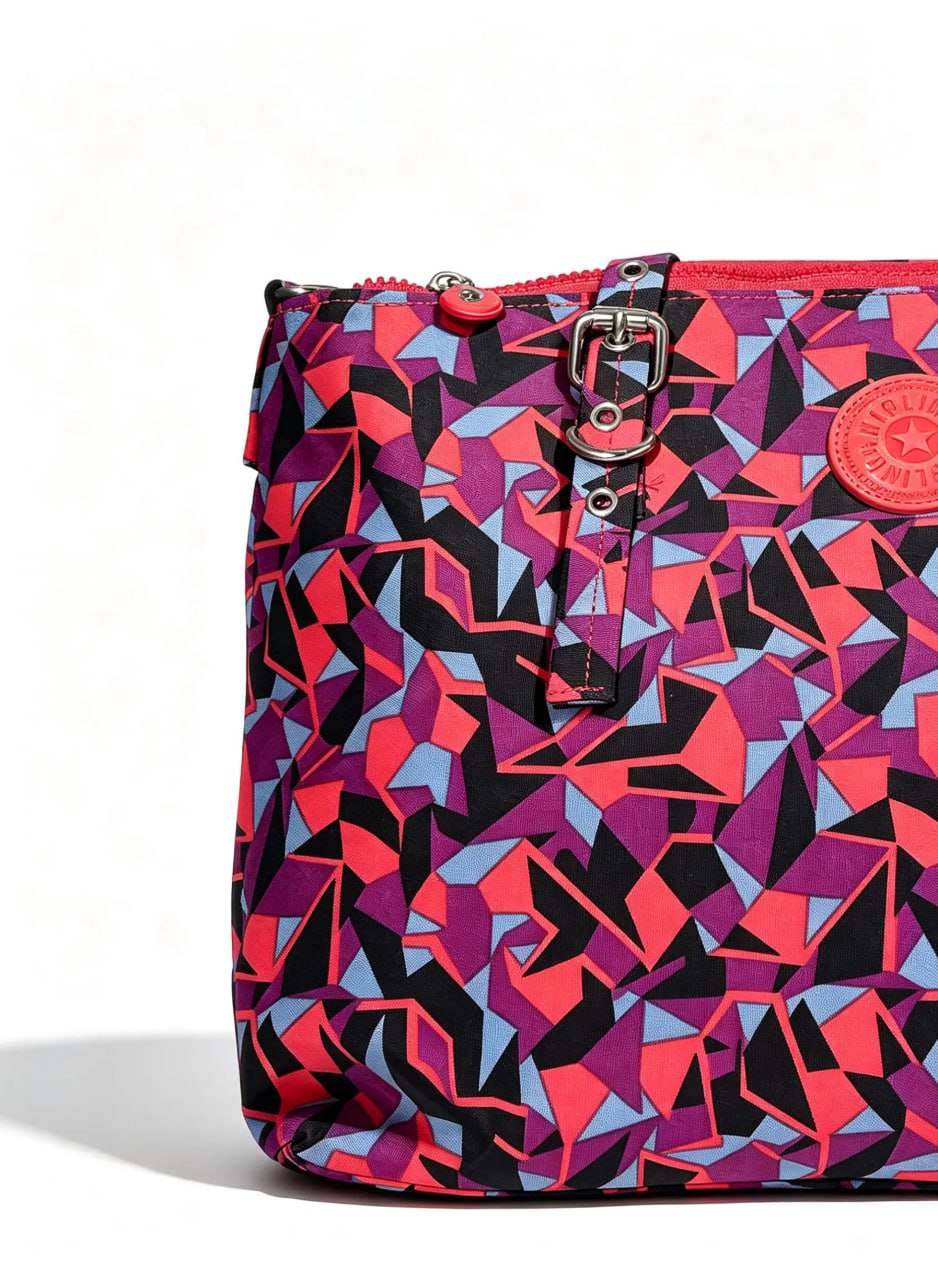 شنطة يد حريمي كبيرة طبعة هندسية ملونة بيدين جلد | Large Women's Colorful Geometric Print Handbag with Leather Handles