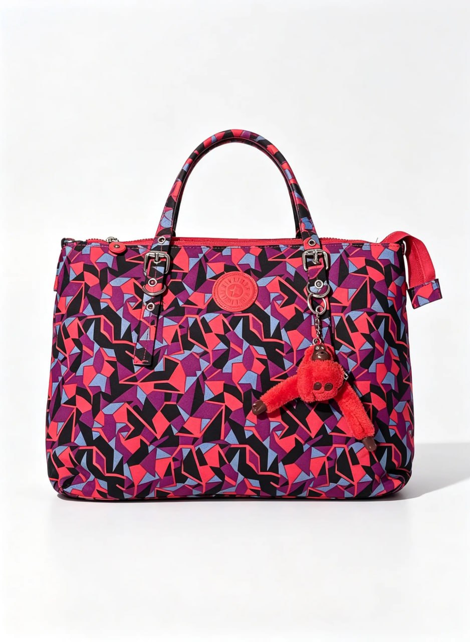 شنطة يد حريمي كبيرة طبعة هندسية ملونة بيدين جلد | Large Women's Colorful Geometric Print Handbag with Leather Handles