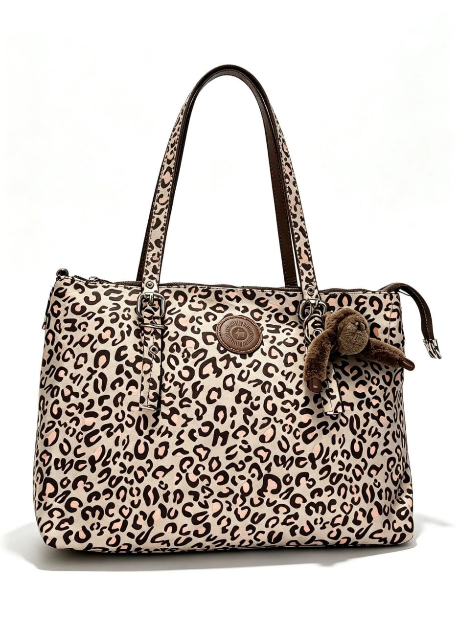 شنطة يد حريمي كبيرة طبعة ليوبارد بيج وردي بيدين جلد | Large Women's Blush Leopard Print Handbag with Leather Handles