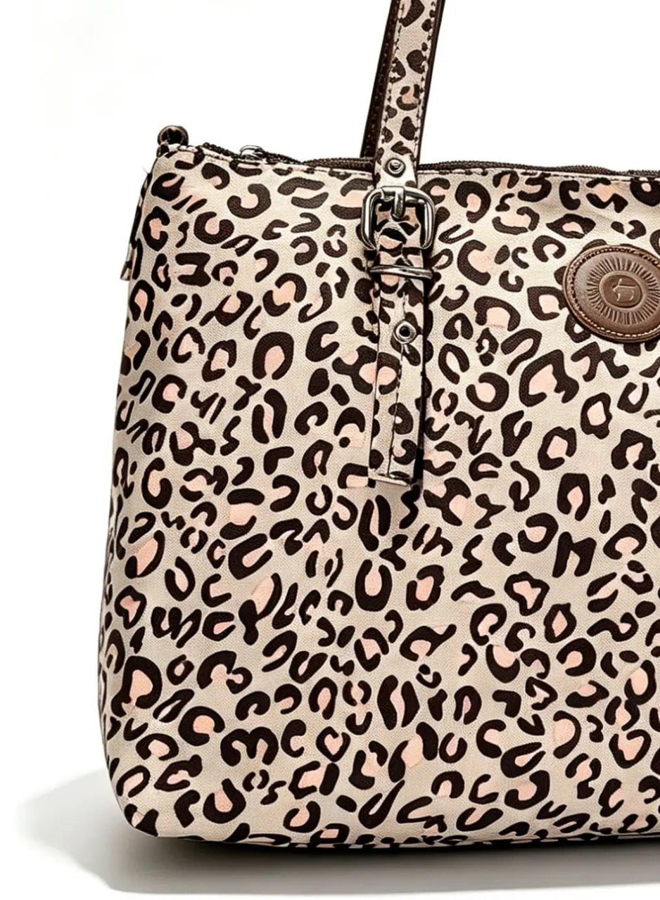 شنطة يد حريمي كبيرة طبعة ليوبارد بيج وردي بيدين جلد | Large Women's Blush Leopard Print Handbag with Leather Handles