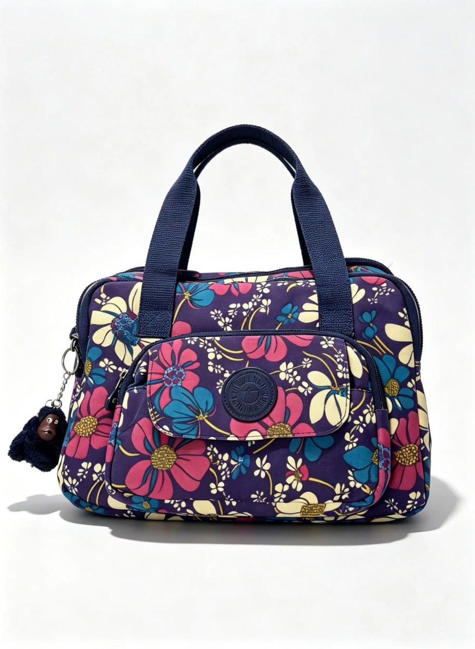 شنطة يد حريمي بطبعة زهور كحلي وأحمر ملونة | Women's Navy & Red Floral Print Handbag